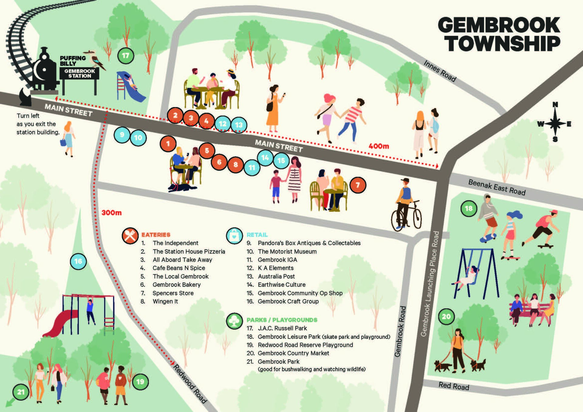 Image showing a map of Gembrook Township and its traders and parks. For a list of traders in Gembrook, refer list below.